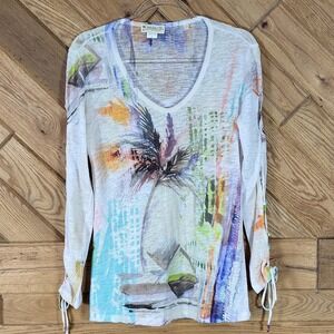 Impulse California Sheer Top Womens Size M Palm Tree Abstract Lace Up Sleeve